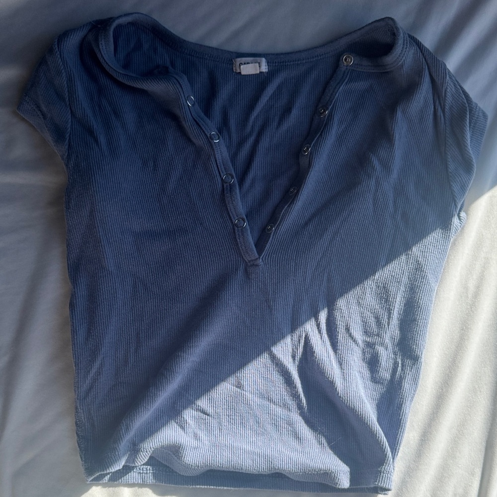 Ribbed Deep V Snap Henley Top - Blue - Picture 2 of 4